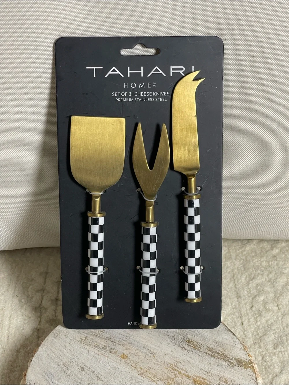 Tahari Home Set of 3 Cheese Knives Gold Stainless Steel Black White Checkered